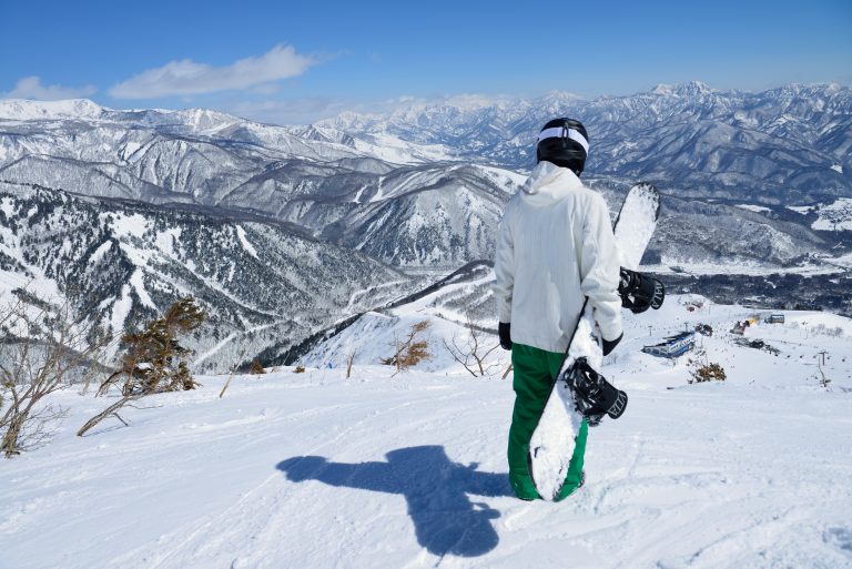 Skier overlooking mountains in Japan